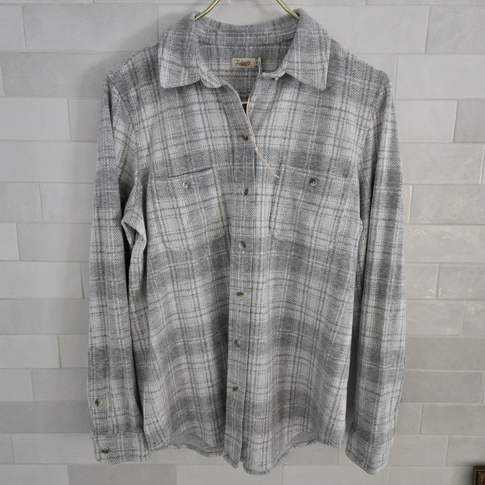 NEW Faherty Legend Sweater Shirt Button-Up Winter Clouds Plaid Gray Cream Med - Picture 9 of 13